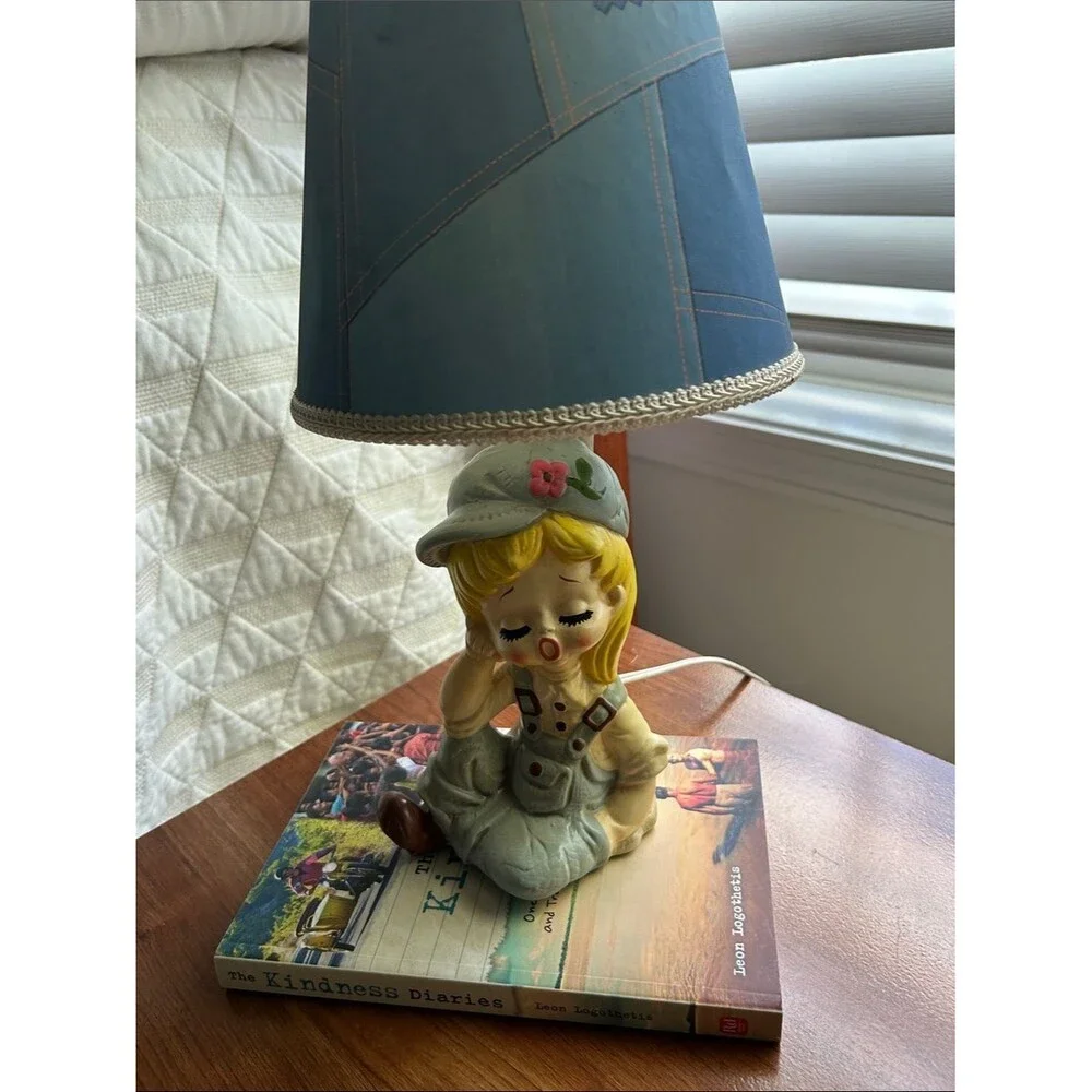 1977 Sears & Roebuck LittleGirl in Denim Lamp with Shade. H 15 in